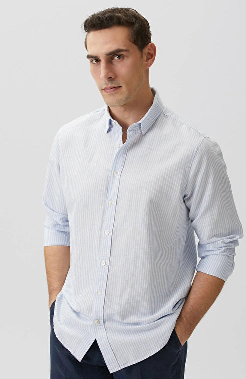 MEN'S N-Green Blue Striped Linen Blend Embossed Striped Shirt