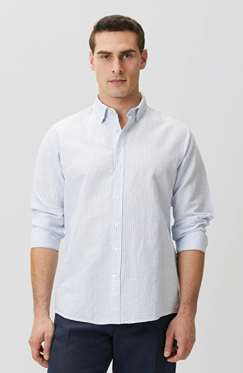 MEN'S N-Green Blue Striped Linen Blend Embossed Striped Shirt