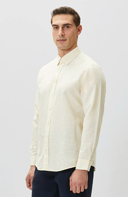 MEN'S N-Green Yellow Linen Blend Embossed Striped Shirt