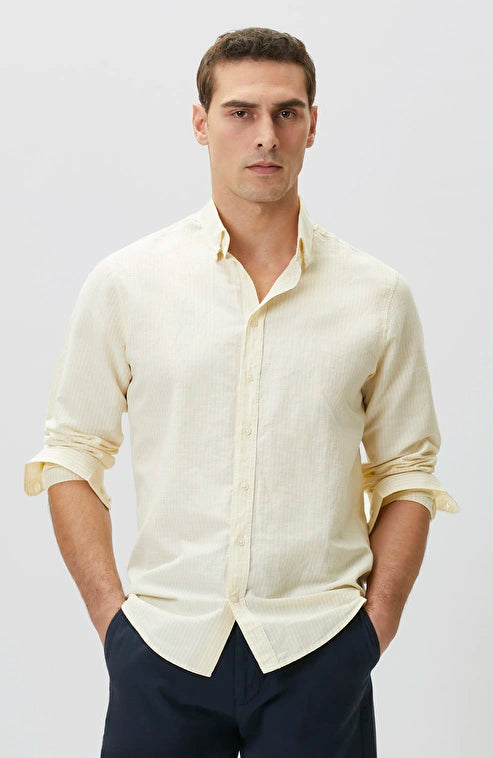 MEN'S N-Green Yellow Linen Blend Embossed Striped Shirt