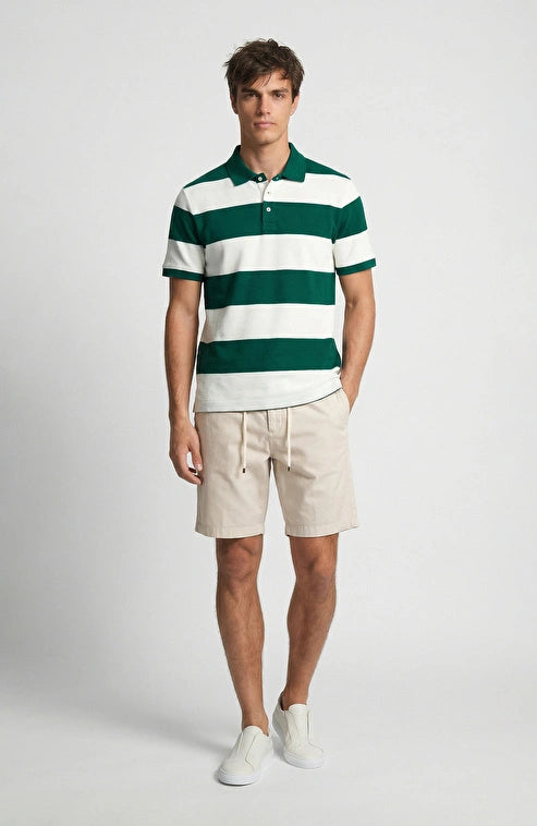 MEN'S Green and Off-White Striped Polo T-Shirt