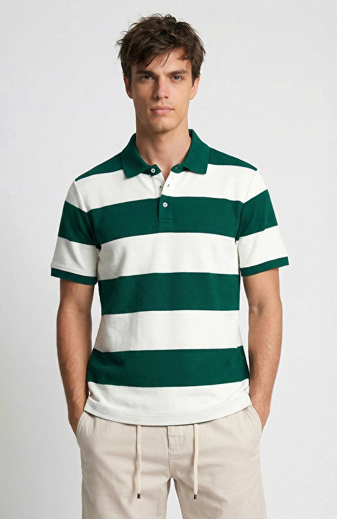 MEN'S Green and Off-White Striped Polo T-Shirt