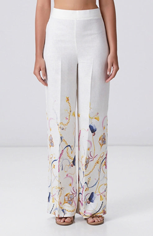 WOMEN'S N-Green Off-White Linen Trousers