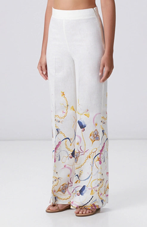 WOMEN'S N-Green Off-White Linen Trousers