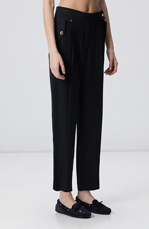 WOMEN'S Black Linen Blend Flap Pocket Trousers
