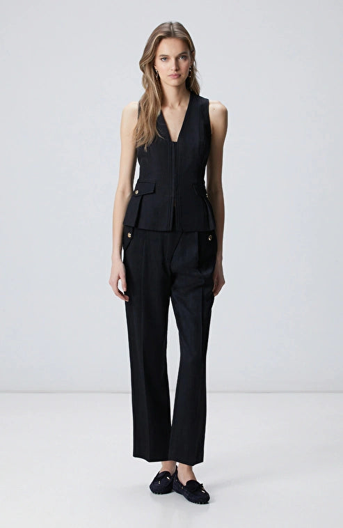 WOMEN'S Black Linen Blend Flap Pocket Trousers