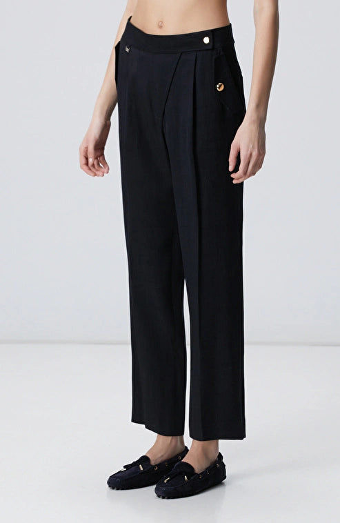 WOMEN'S Black Linen Blend Flap Pocket Trousers