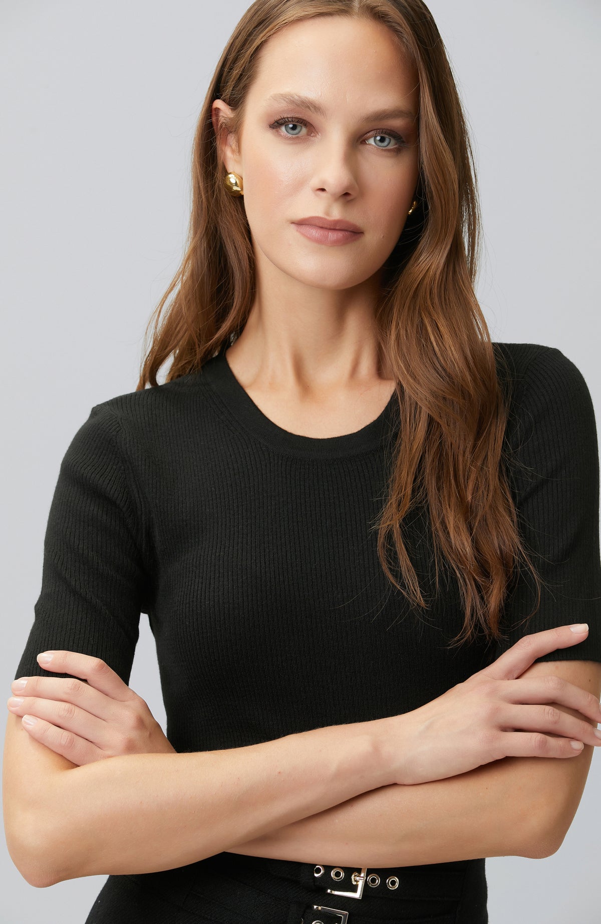 WOMEN'S Black Short Sleeve Wool Blend Knitwear Sweater