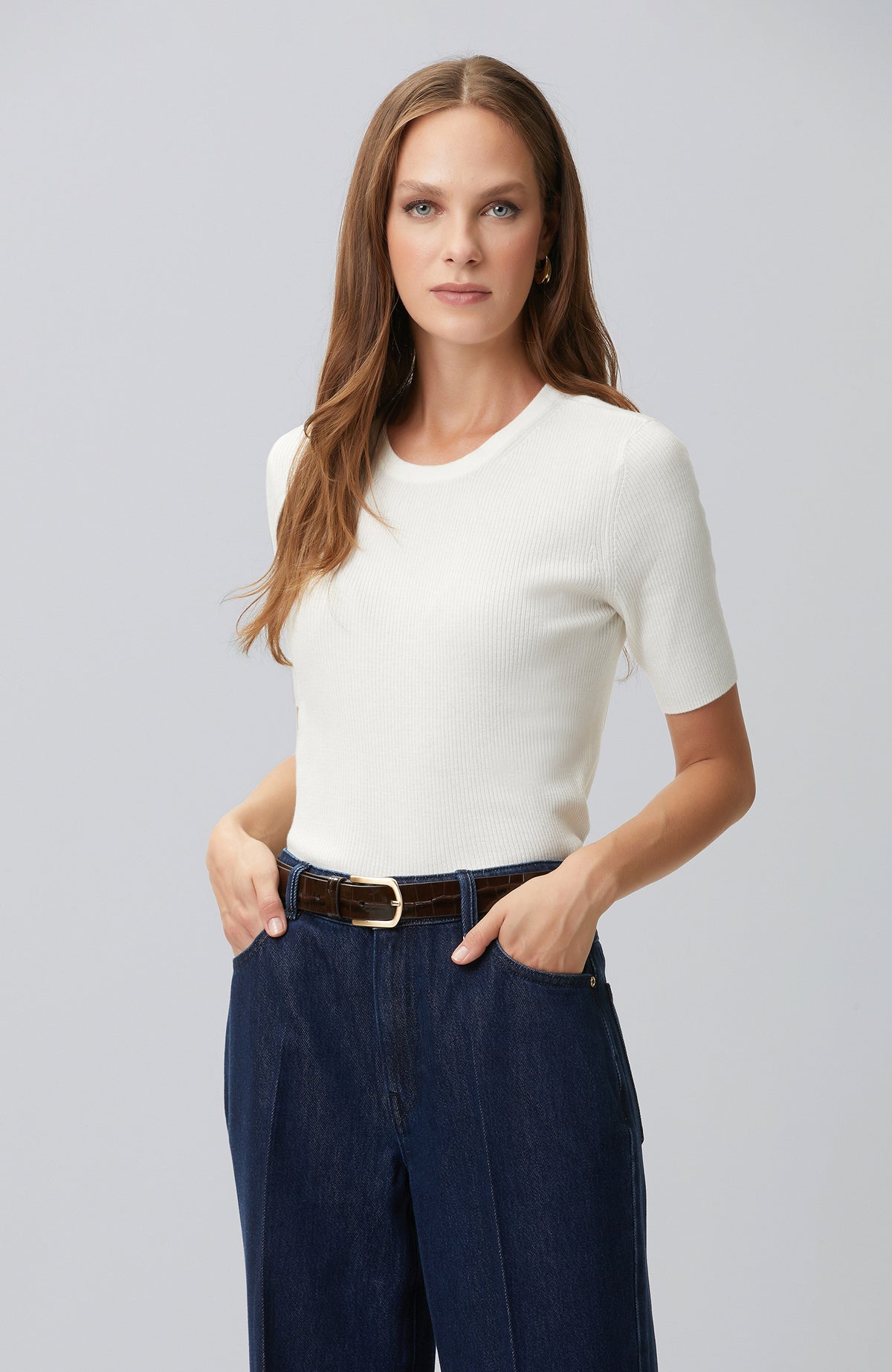 WOMEN'S Off White Short Sleeve Wool Blend Knitwear Sweater