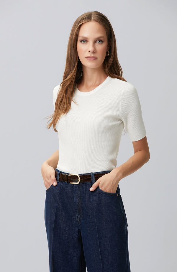 WOMEN'S Off White Short Sleeve Wool Blend Knitwear Sweater