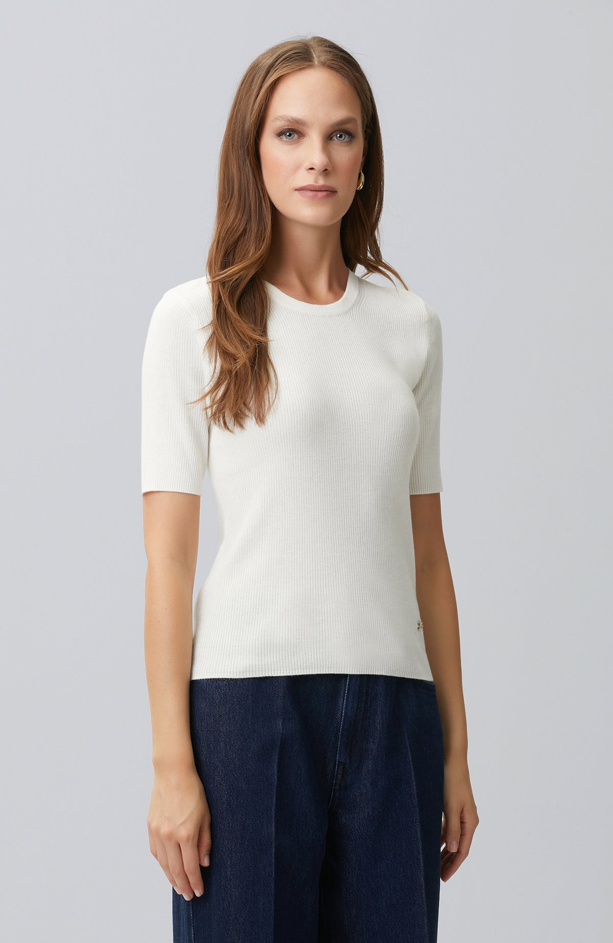 WOMEN'S Off White Short Sleeve Wool Blend Knitwear Sweater