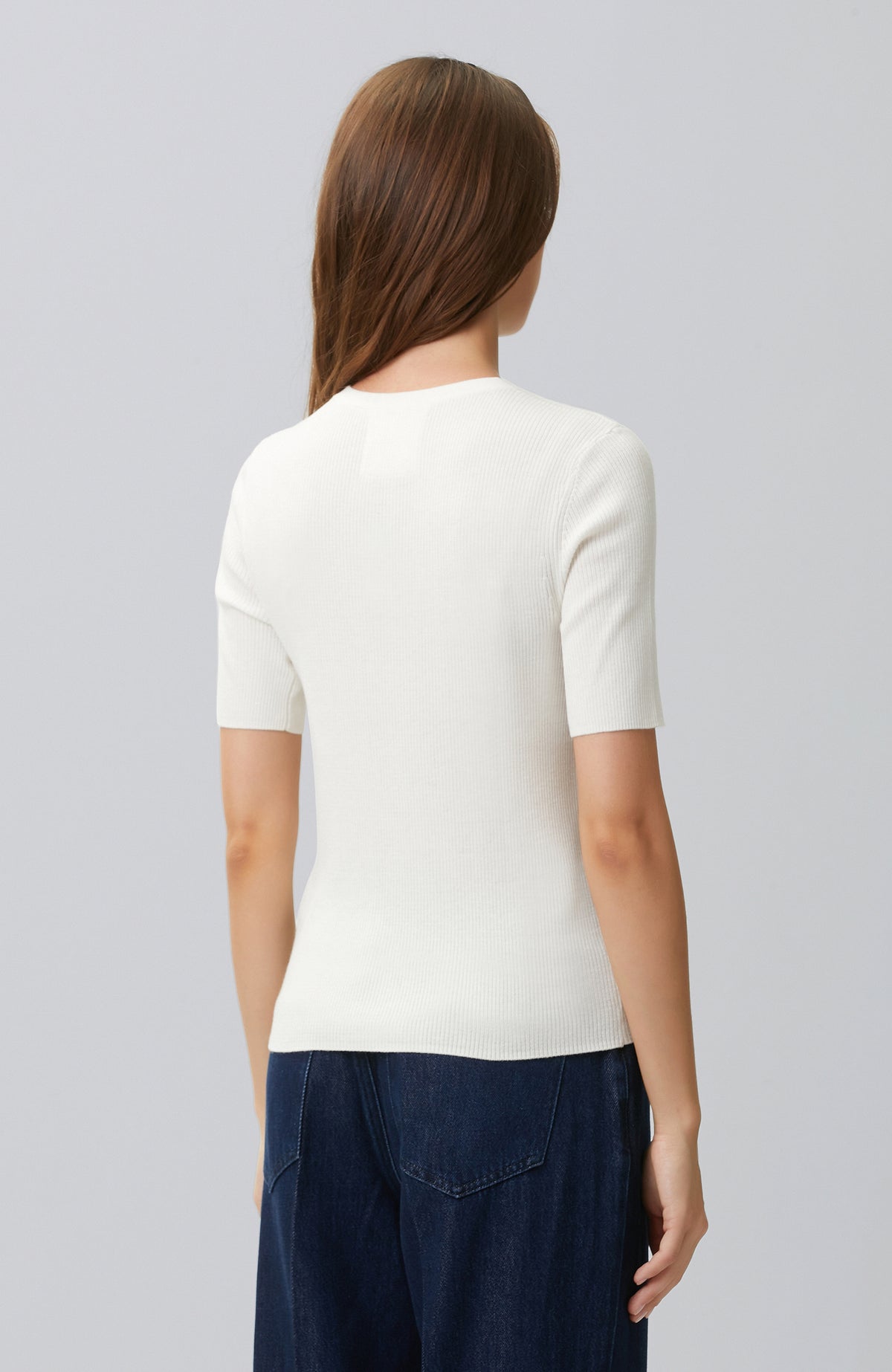 WOMEN'S Off White Short Sleeve Wool Blend Knitwear Sweater