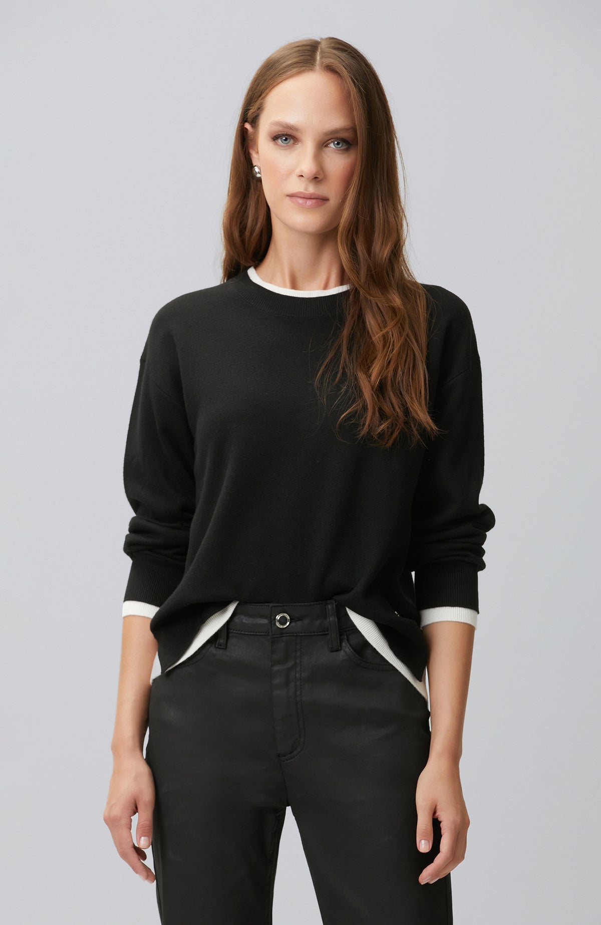 WOMEN'S Black Double Color Oversize Wool Blend Knitwear Sweater
