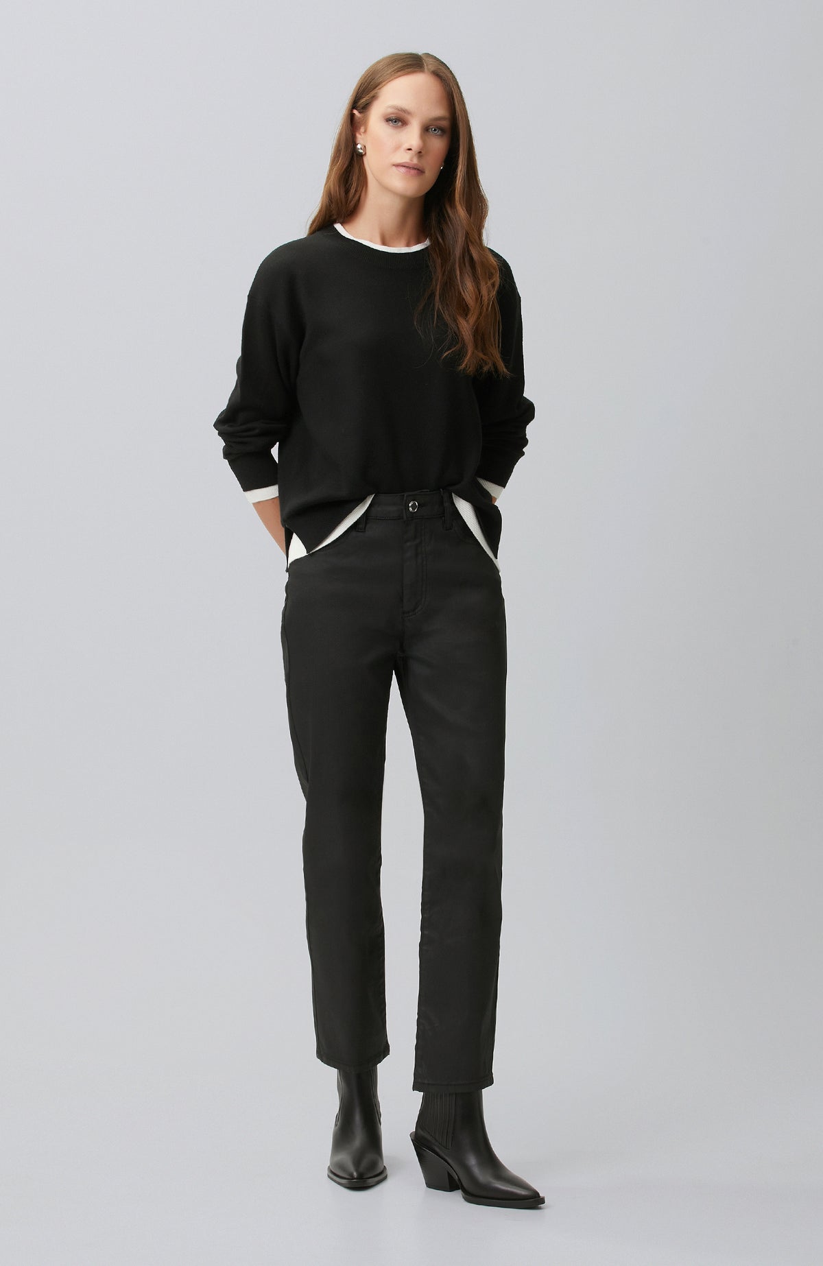 WOMEN'S Black Double Color Oversize Wool Blend Knitwear Sweater