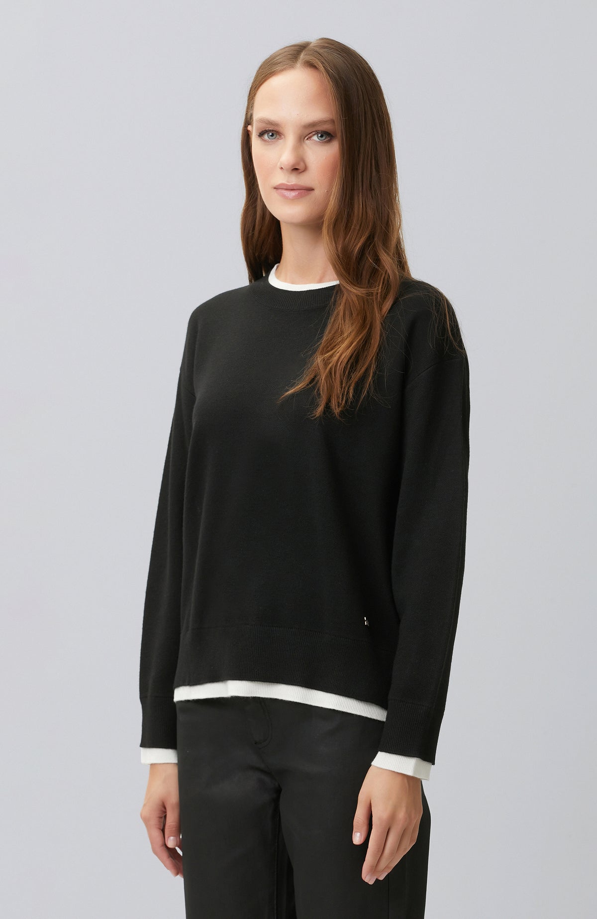 WOMEN'S Black Double Color Oversize Wool Blend Knitwear Sweater