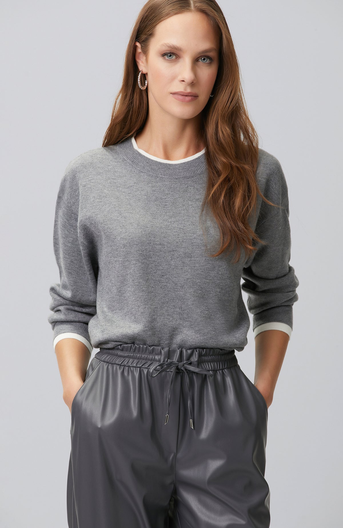 WOMEN'SGrey Double Color Oversize Wool Blend Knitwear Sweater