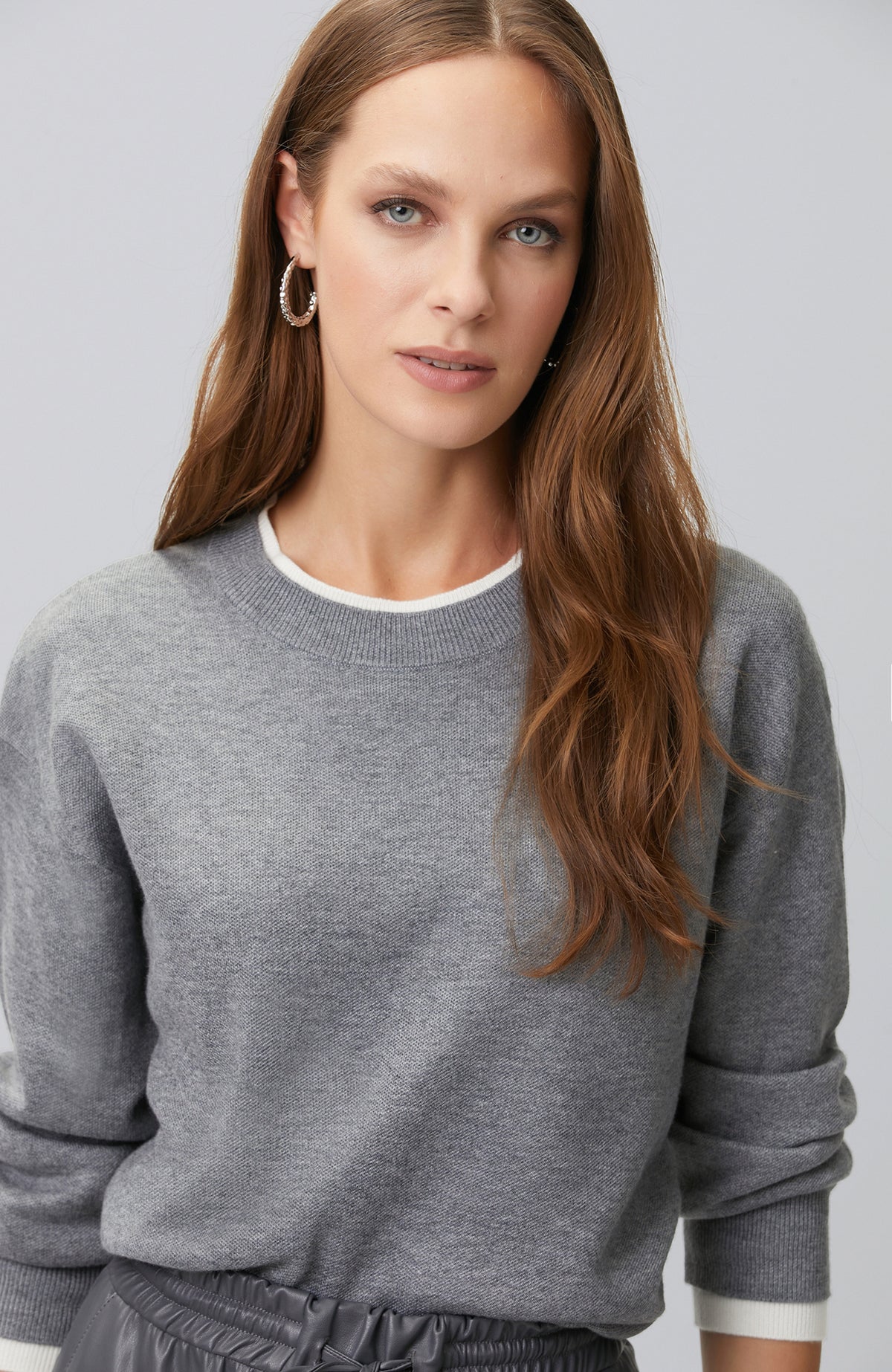 WOMEN'SGrey Double Color Oversize Wool Blend Knitwear Sweater