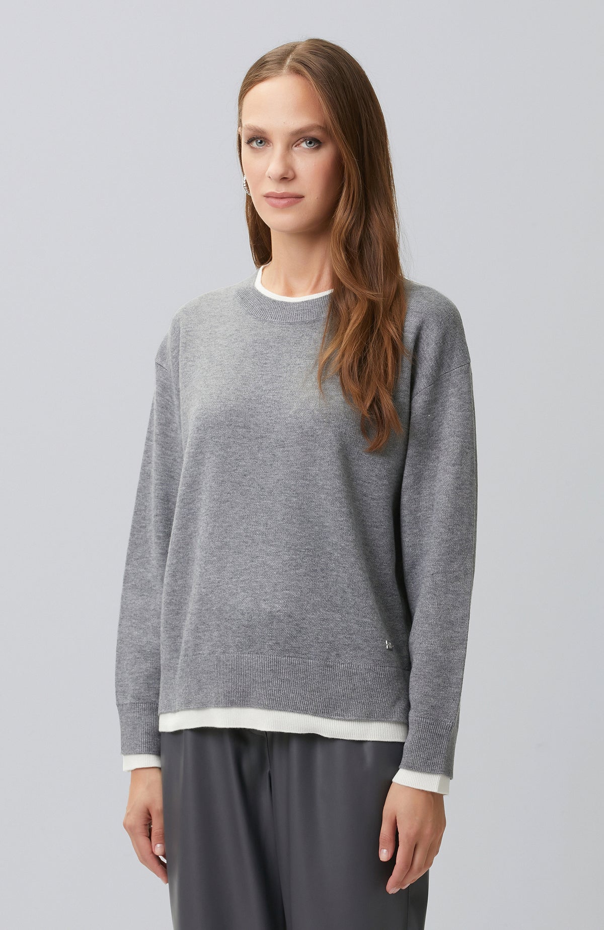WOMEN'SGrey Double Color Oversize Wool Blend Knitwear Sweater