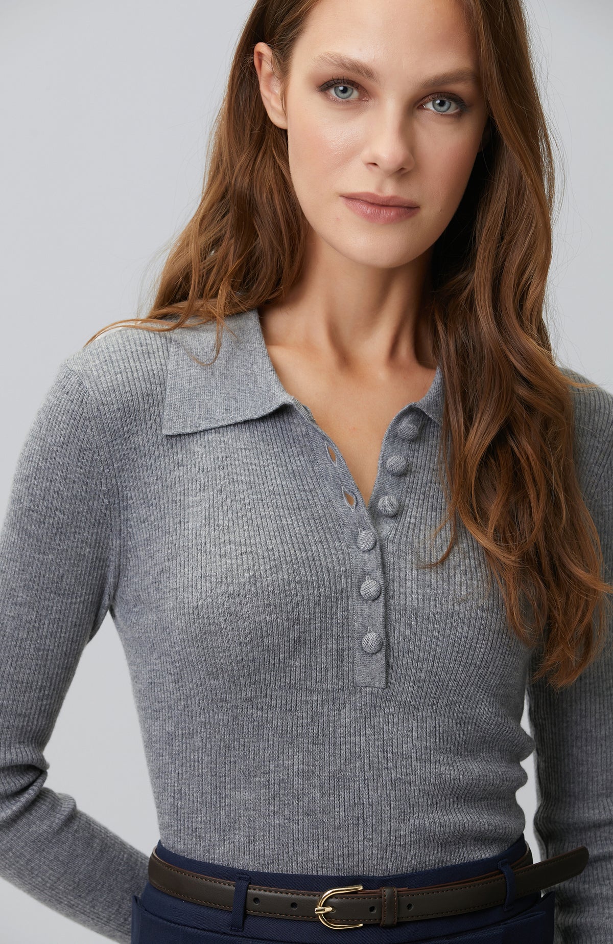 WOMEN'S Gri Melanj Polo Yaka Triko Kazak