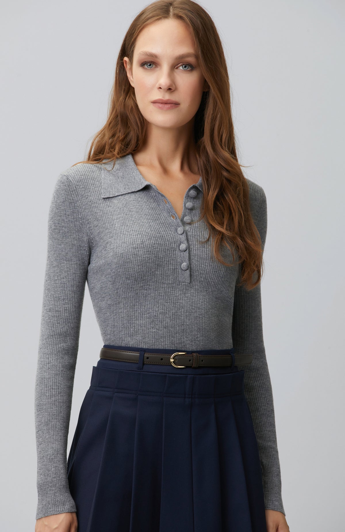 WOMEN'S Gri Melanj Polo Yaka Triko Kazak