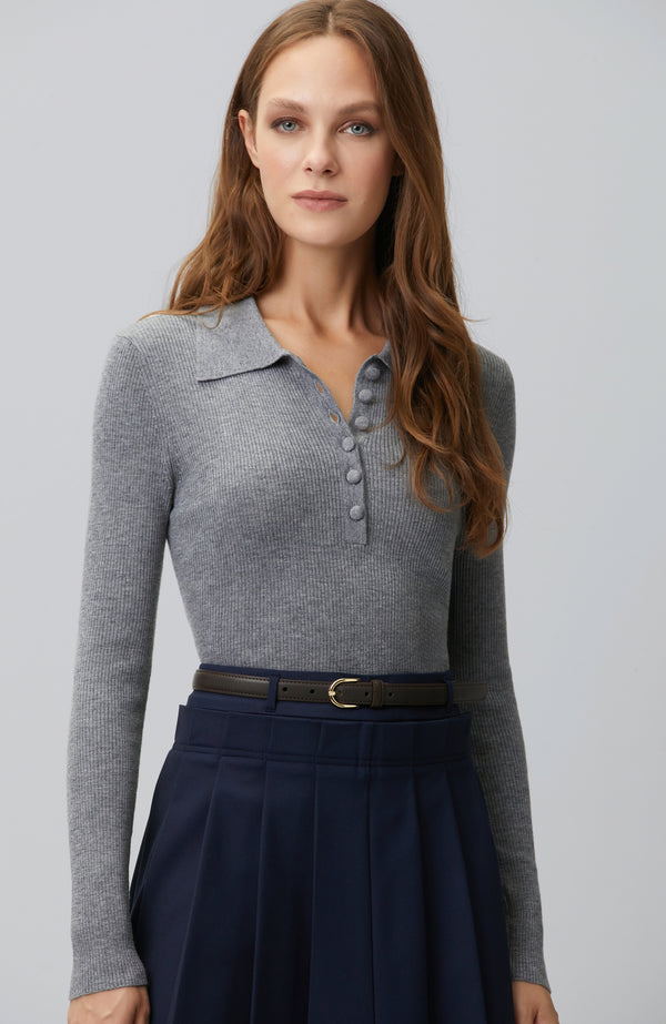 WOMEN'S Gri Melanj Polo Yaka Triko Kazak