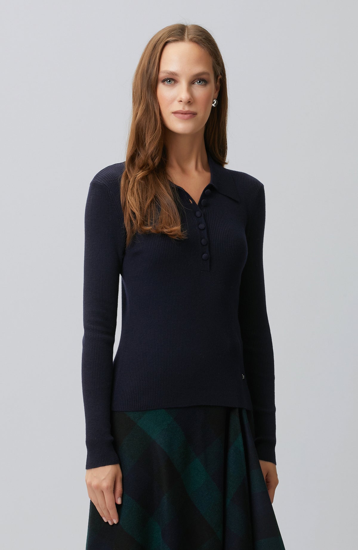 WOMEN'SNavy Blue Polo Neck Knitwear Sweater