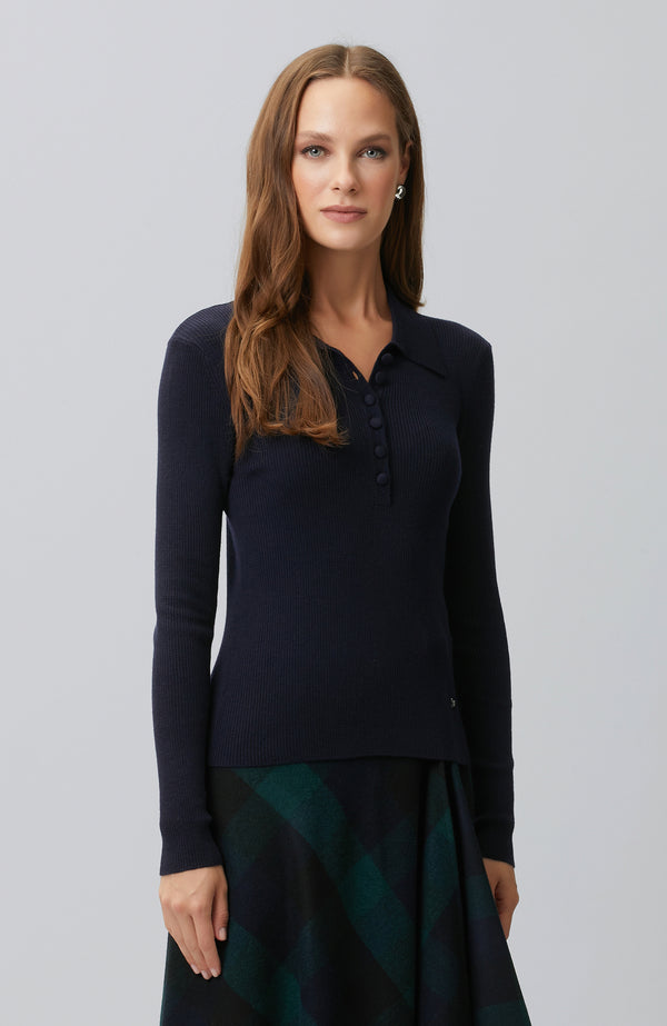 WOMEN'SNavy Blue Polo Neck Knitwear Sweater