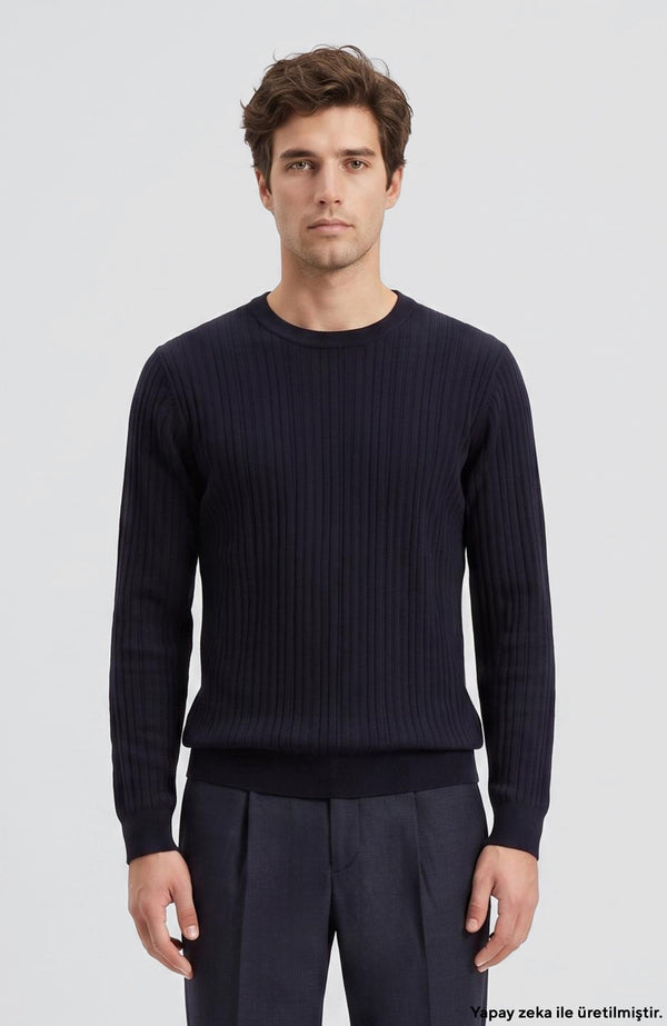 MEN'S Navy Blue Patterned Knitwear Sweater