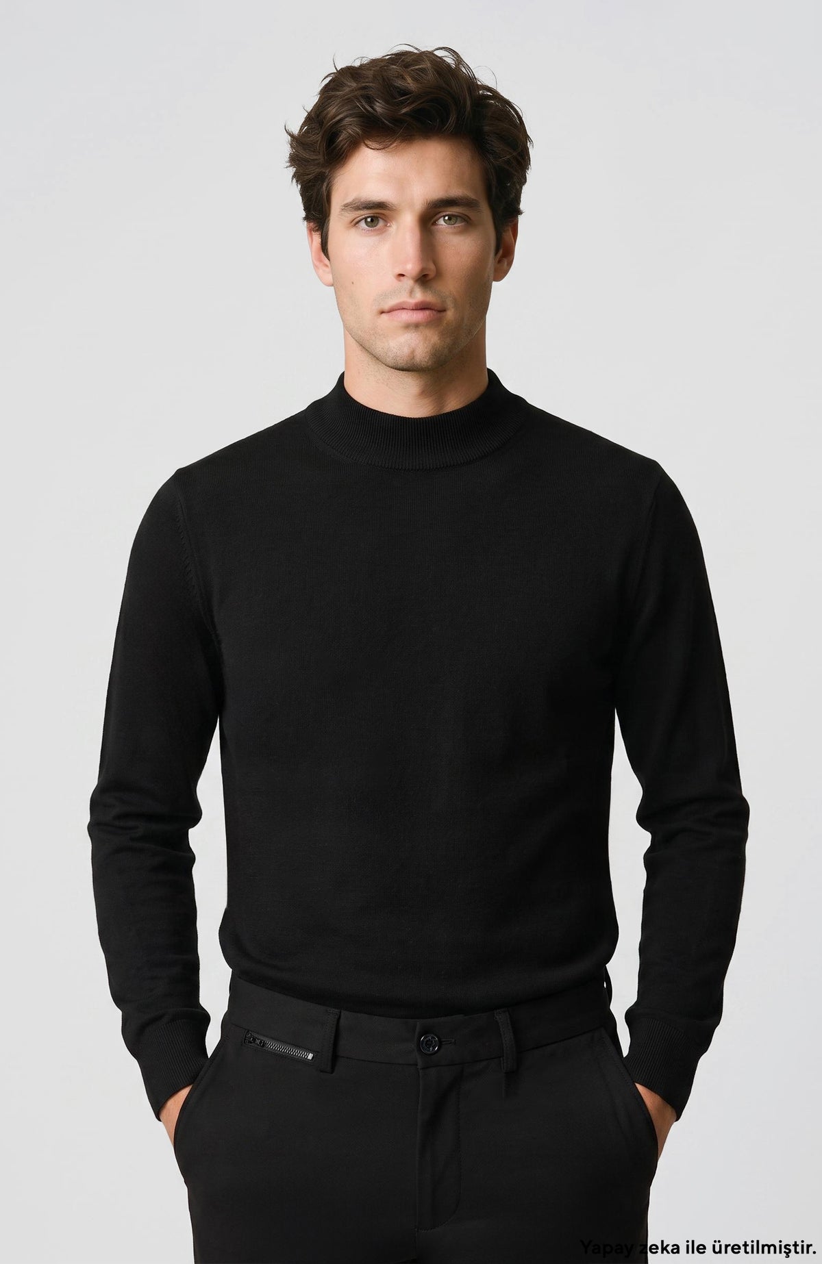 MEN'S Black Half Fisherman Wool Blend Knitwear Sweater