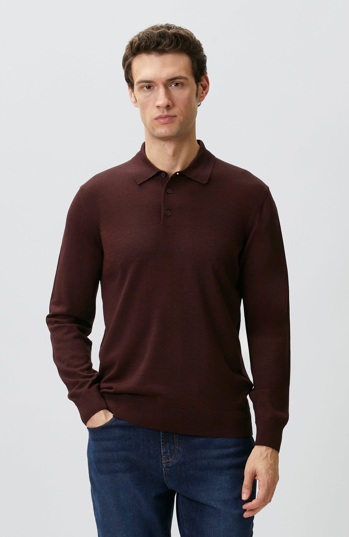 MEN'S Burgundy Polo Collar Wool Blend Knitwear Sweater