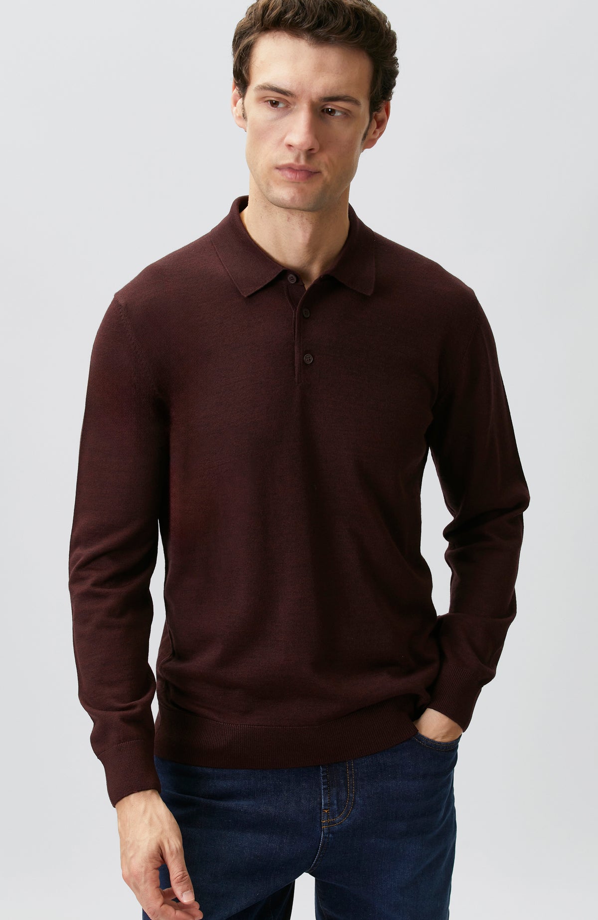 MEN'S Burgundy Polo Collar Wool Blend Knitwear Sweater