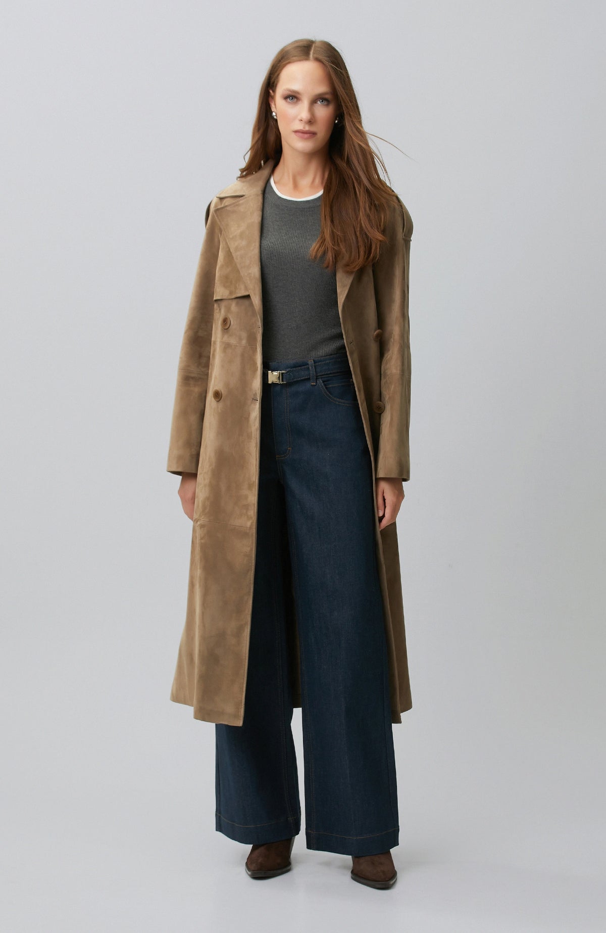 WOMEN'S Denim Pants with Ironed Grip and Buckle Belt Detail