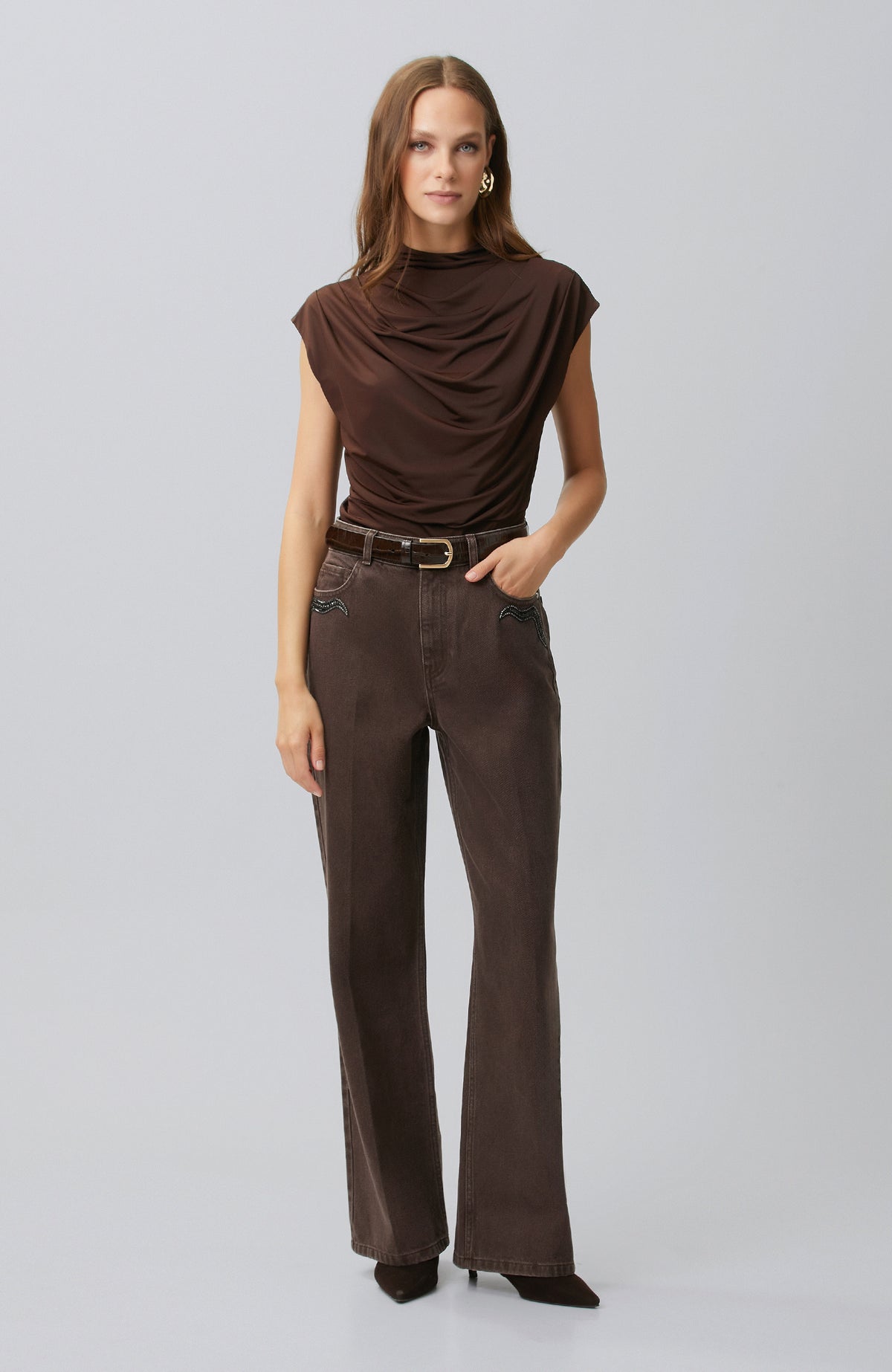 WOMEN'S Bitter Brown Drape Detailed Knitted Blouse