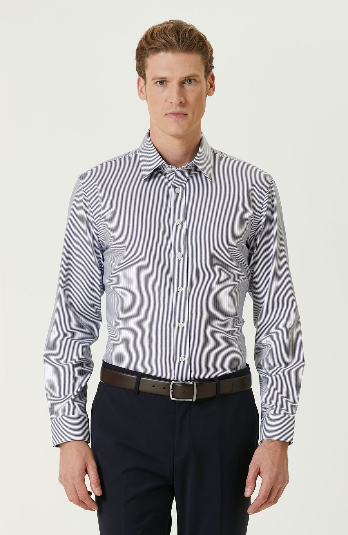 MEN'S Navy Blue White Striped Non-Iron Shirt