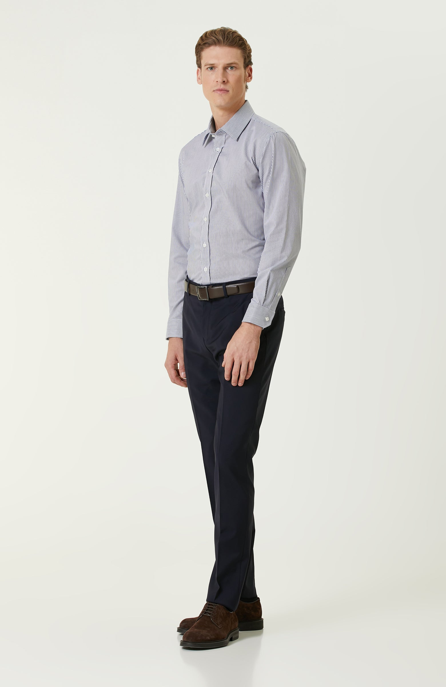 MEN'S Navy Blue White Striped Non-Iron Shirt