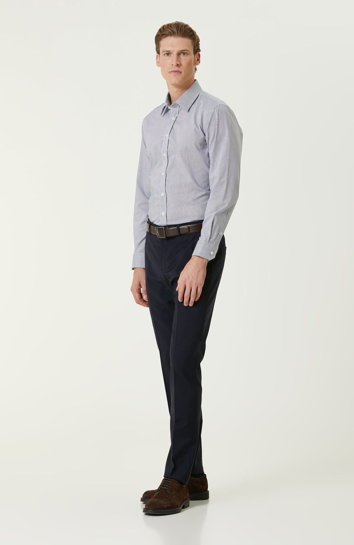 MEN'S Navy Blue White Striped Non-Iron Shirt