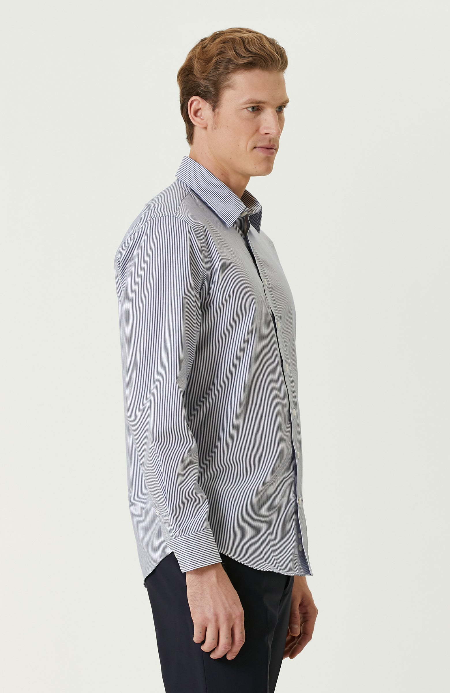 MEN'S Navy Blue White Striped Non-Iron Shirt