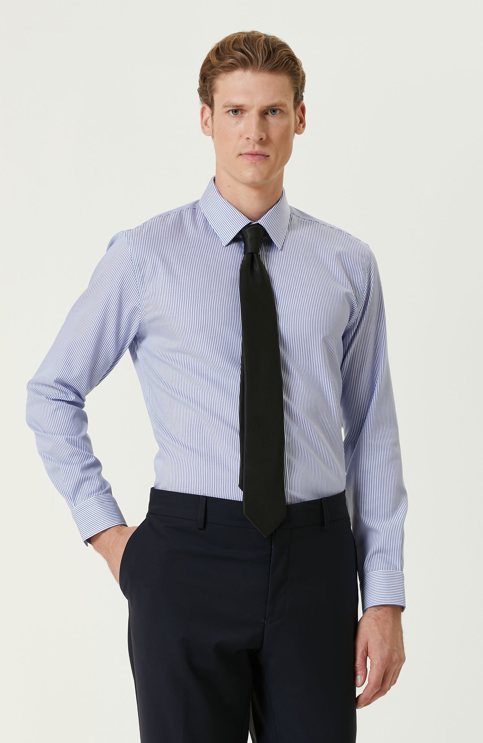 MEN'S Non-Iron Navy Blue White Shirt