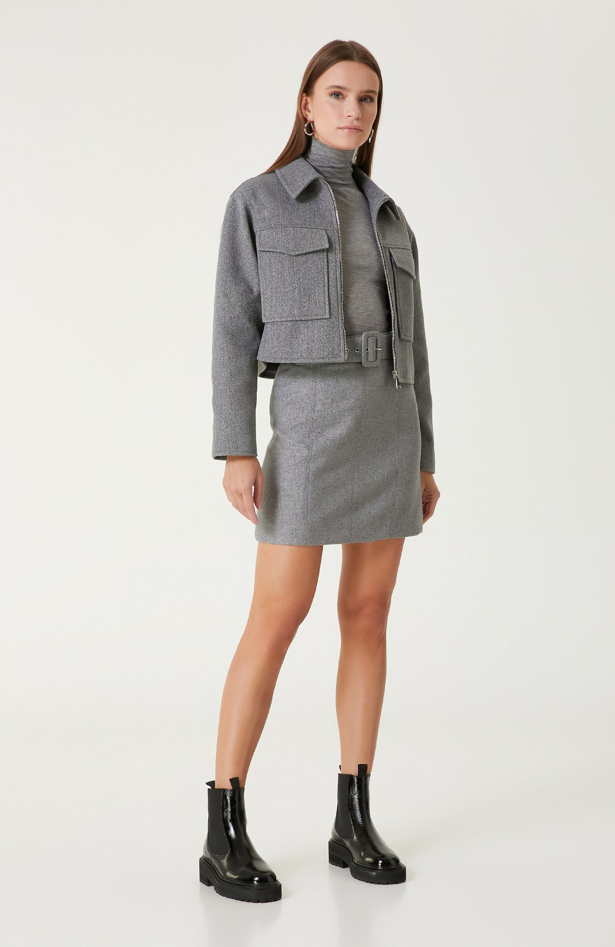 WOMEN'S Gray Melange Wool Blend Mini Skirt