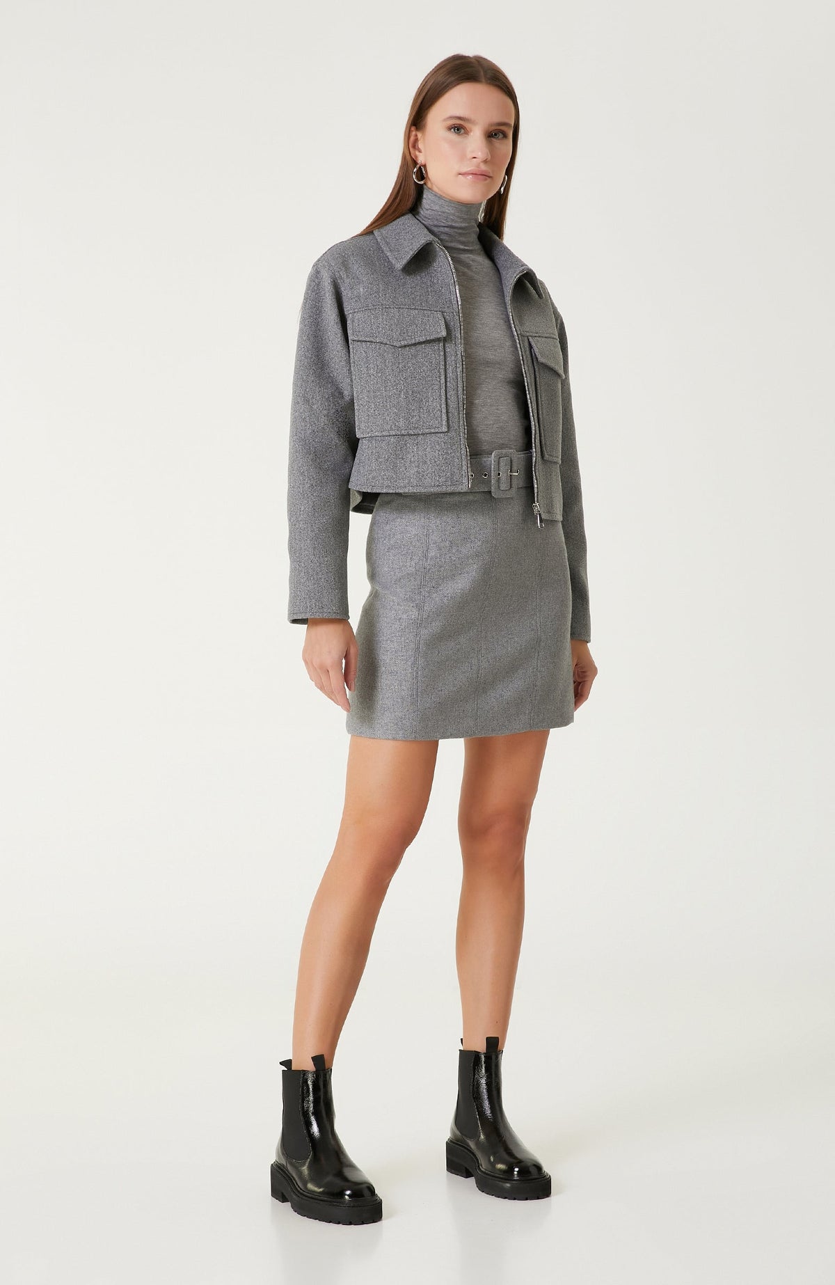 WOMEN'S Gray Melange Wool Blend Mini Skirt