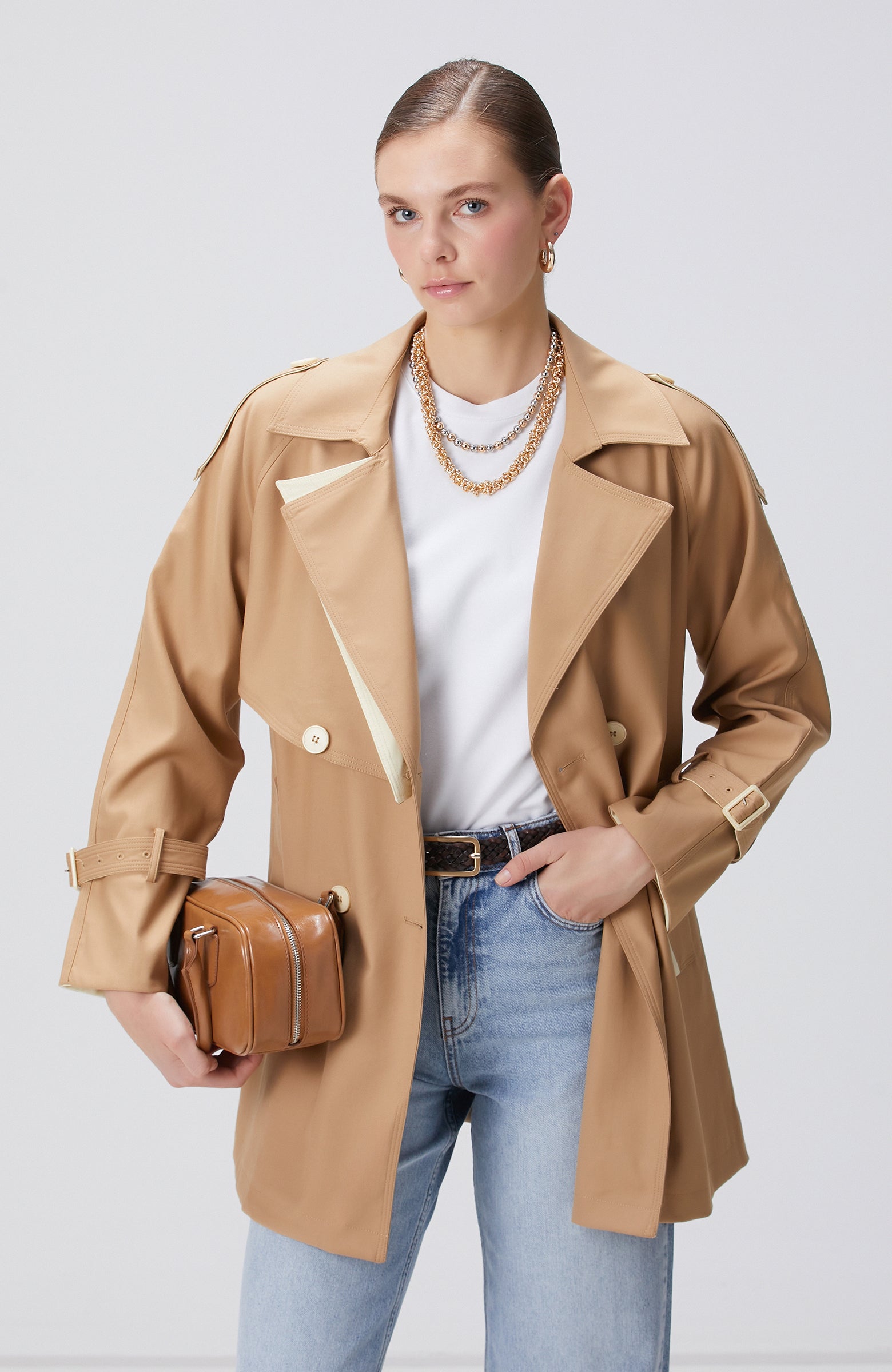 WOMEN'S Beige Double-Breasted Trench Coat