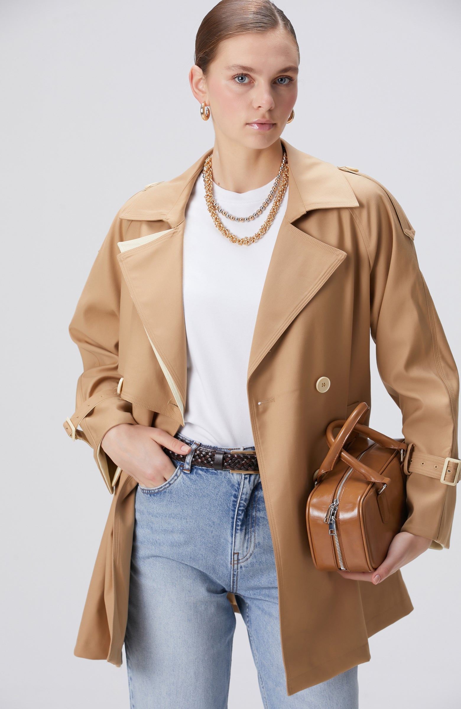WOMEN'S Beige Double-Breasted Trench Coat