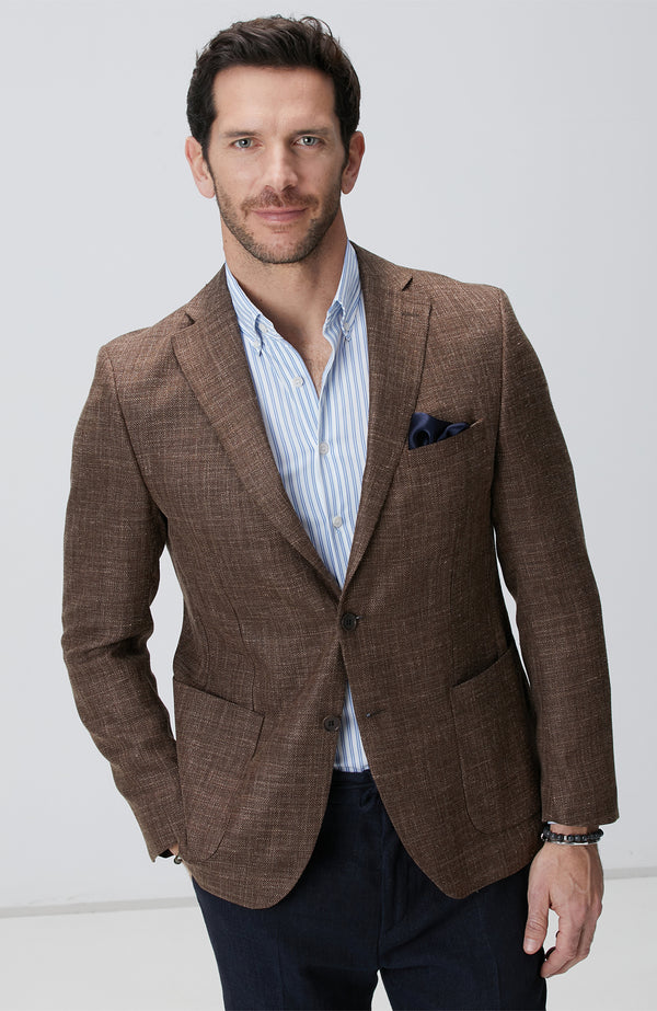 MEN'S Brown Plaid Pattern Wool Silk Blend Jacket