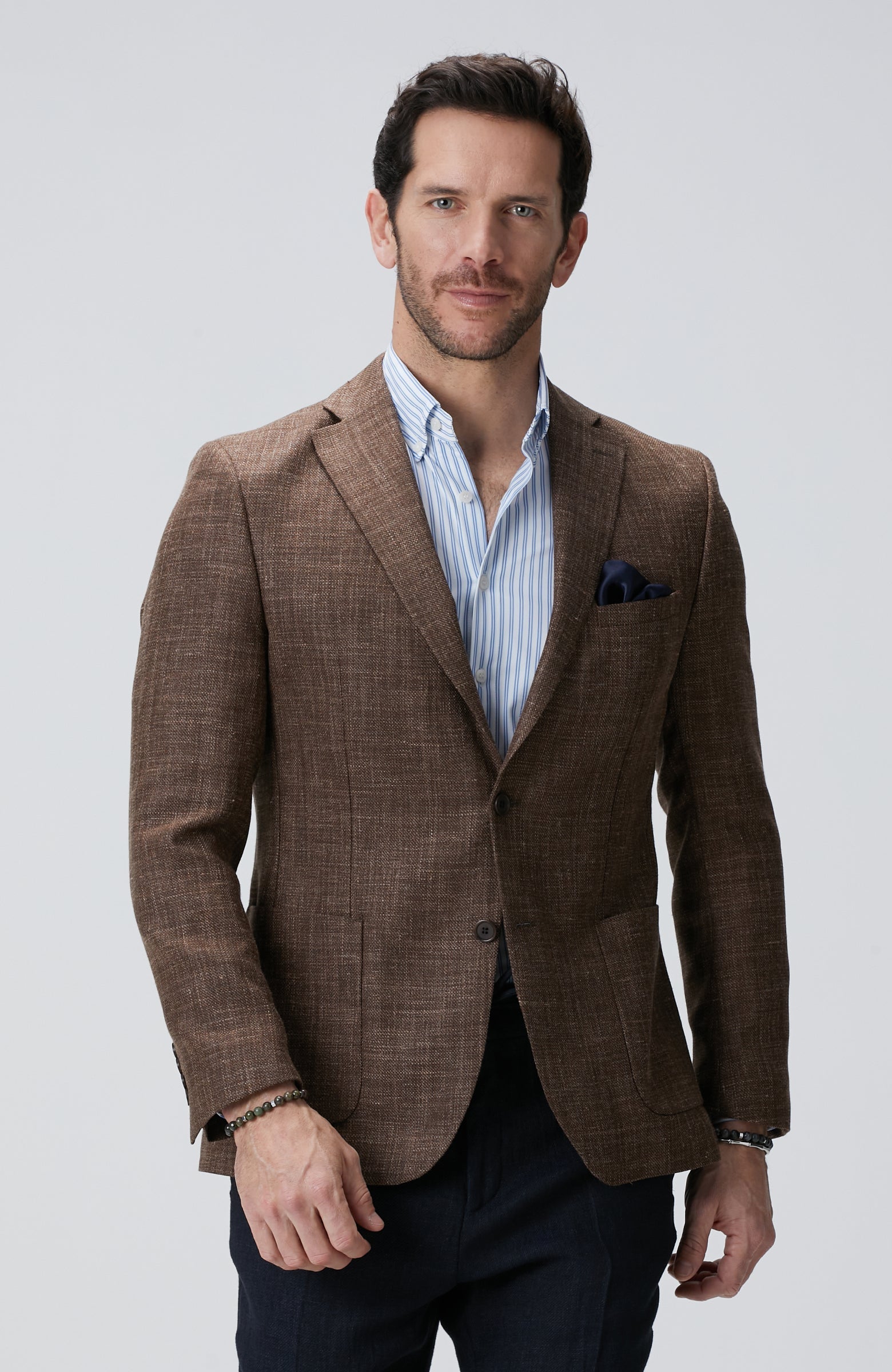 MEN'S Brown Plaid Pattern Wool Silk Blend Jacket