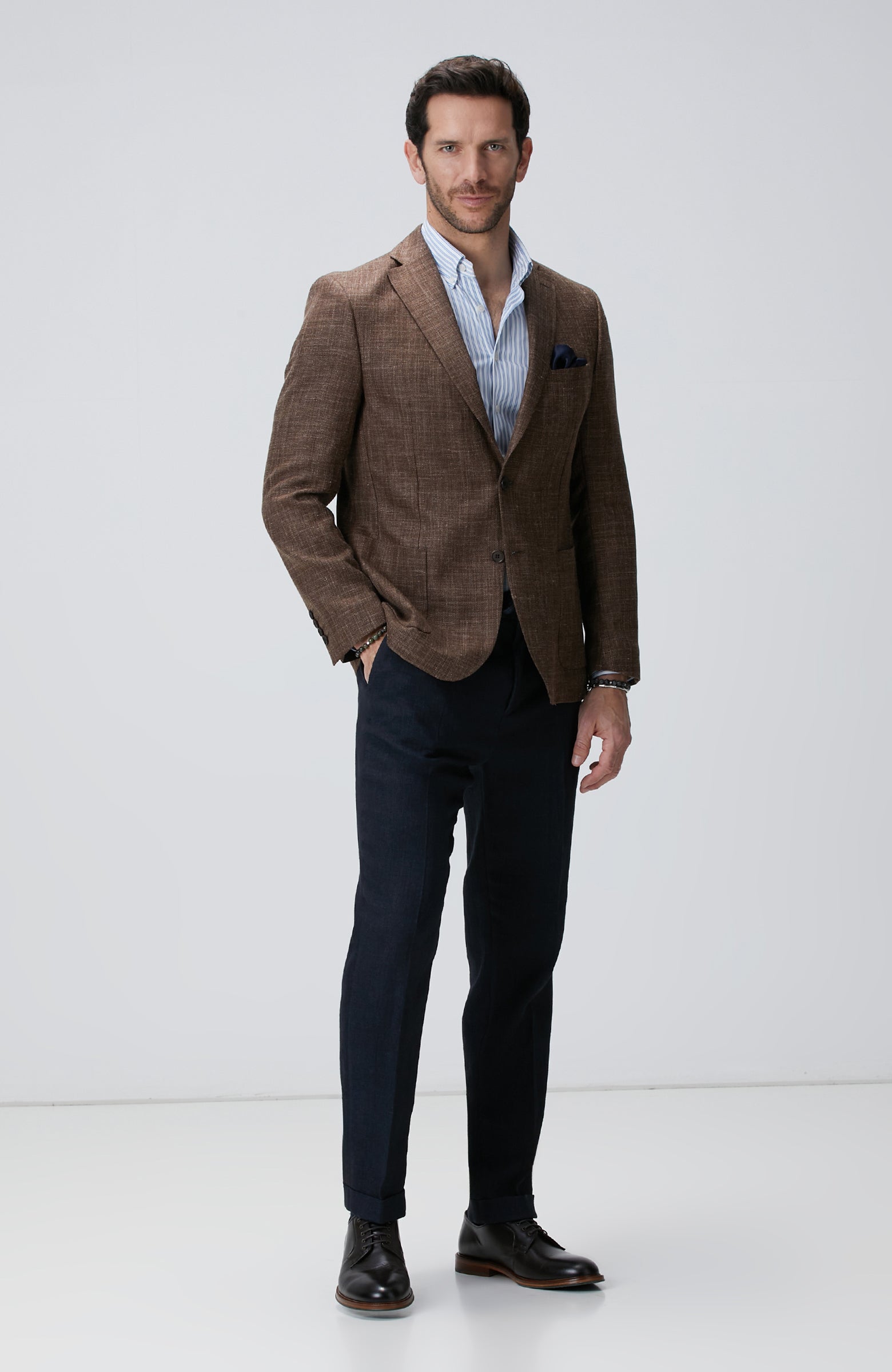 MEN'S Brown Plaid Pattern Wool Silk Blend Jacket