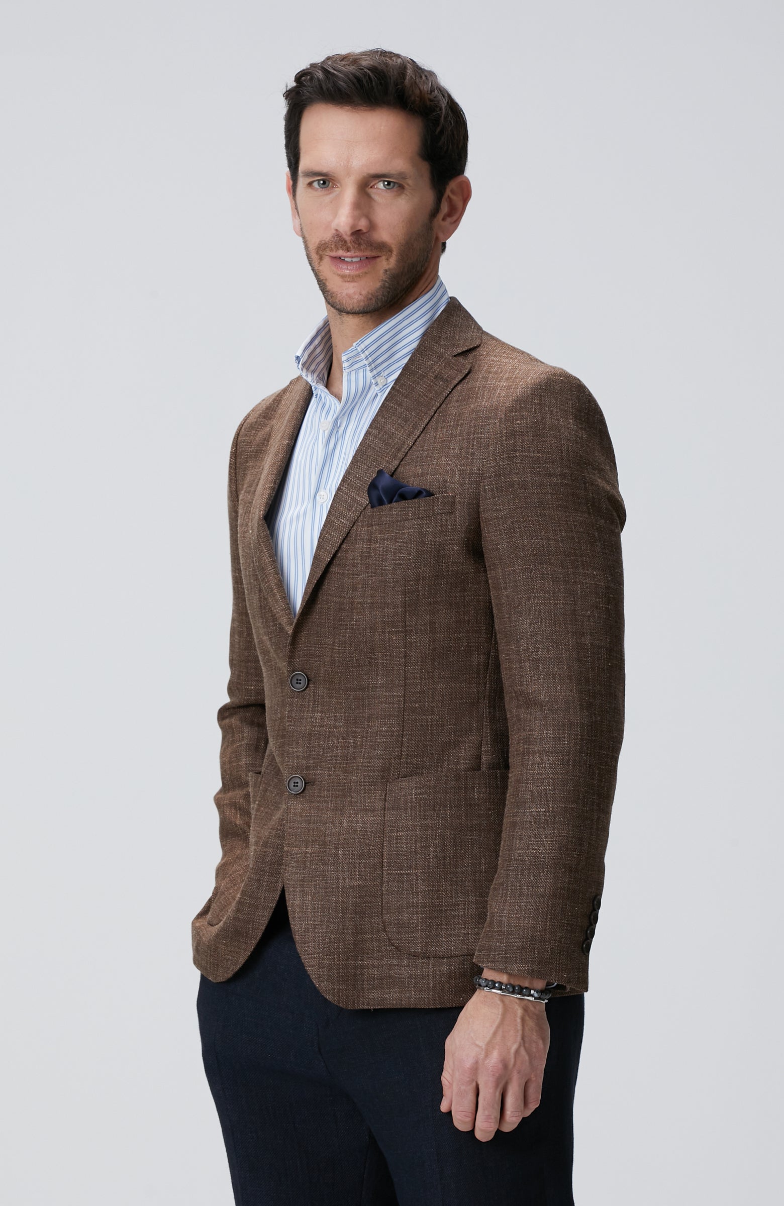 MEN'S Brown Plaid Pattern Wool Silk Blend Jacket