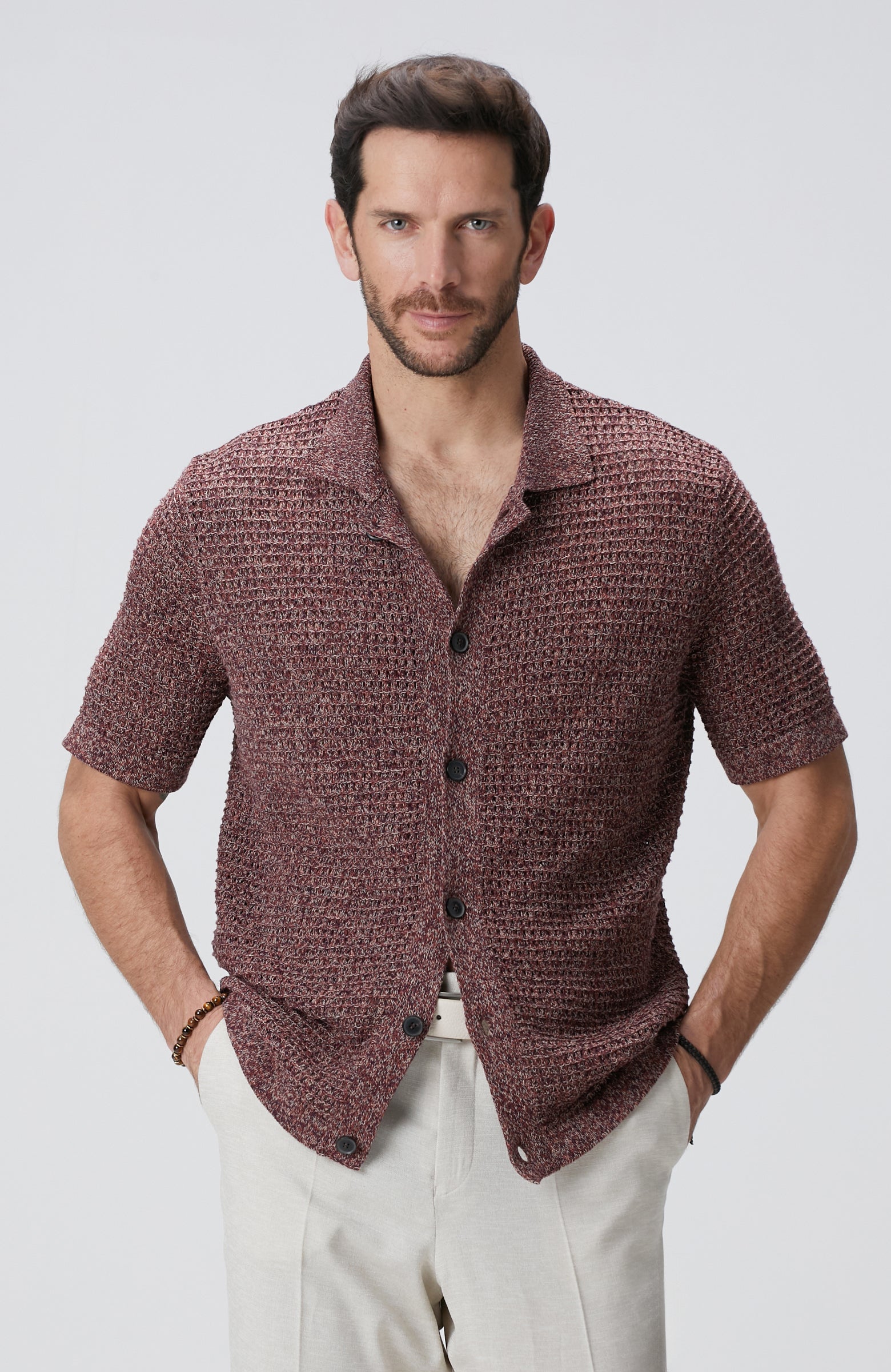 MEN'S Burgundy Linen Blend Knit Cardigan