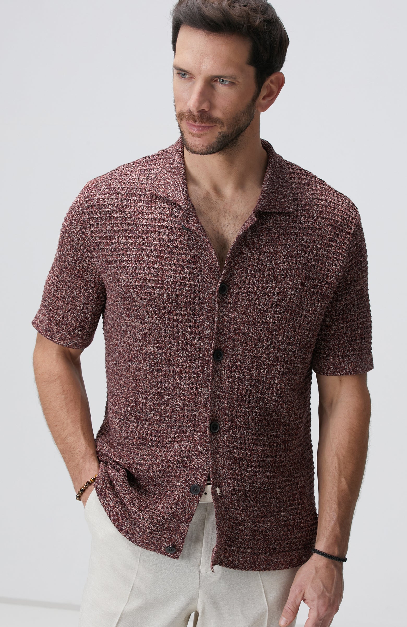 MEN'S Burgundy Linen Blend Knit Cardigan