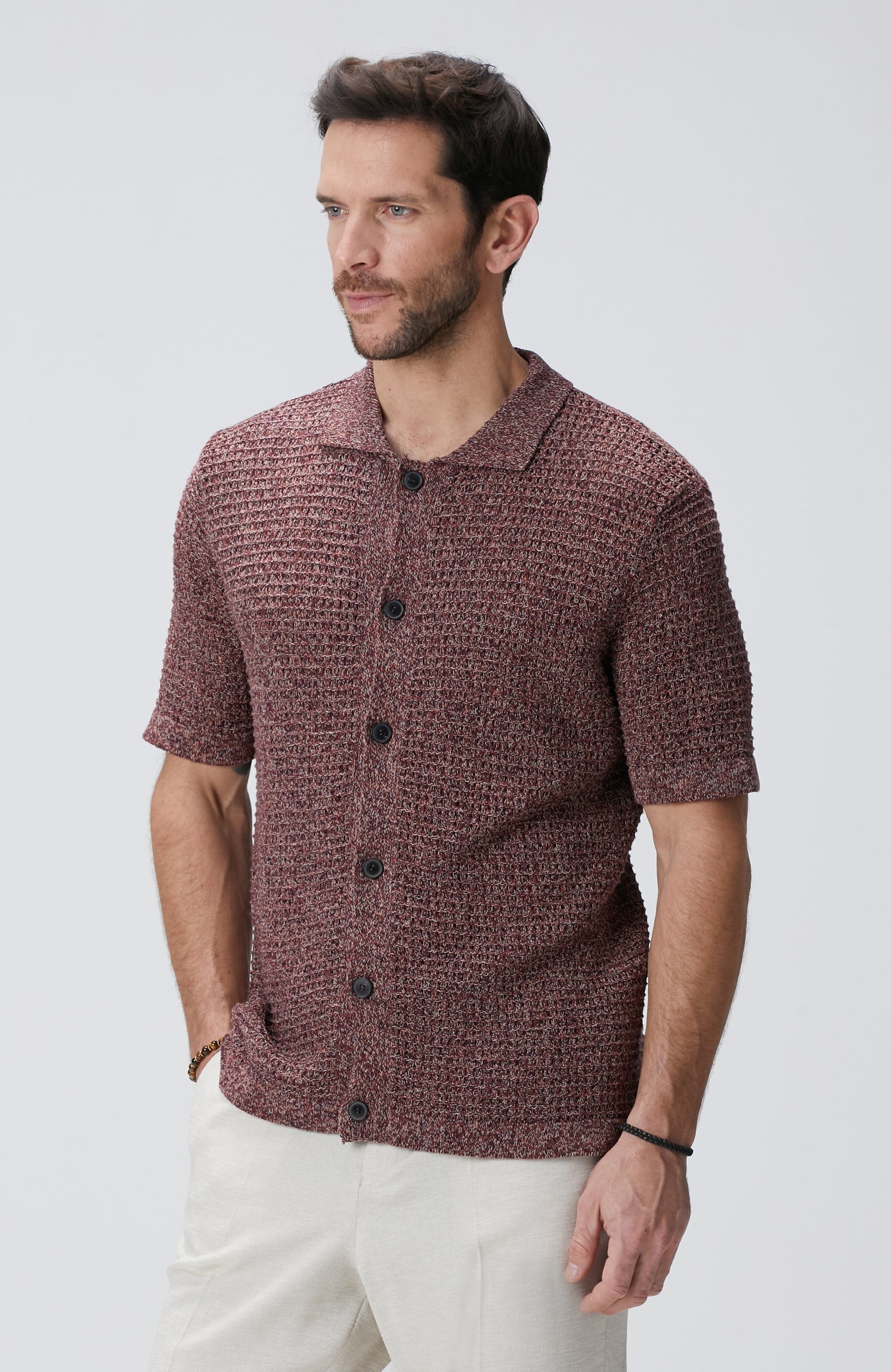 MEN'S Burgundy Linen Blend Knit Cardigan