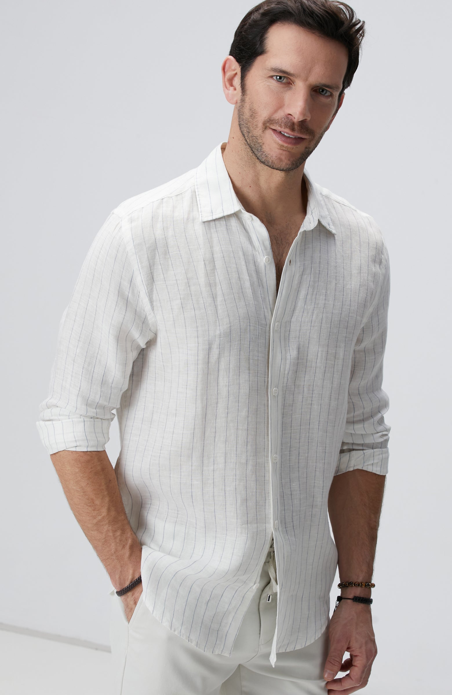 MEN'S White Stripe Pattern Linen Shirt